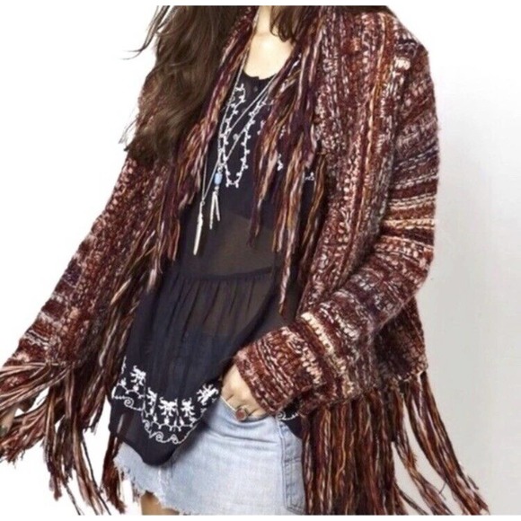 Free People Boho Birkenstock Boho Tassel Fringe Cardigan Sweater Red Multi Small - Picture 2 of 9
